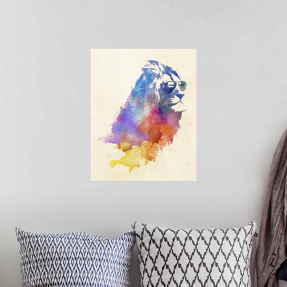 A bohemian room featuring Contemporary artwork of a watercolor lion wearing sunglasses.