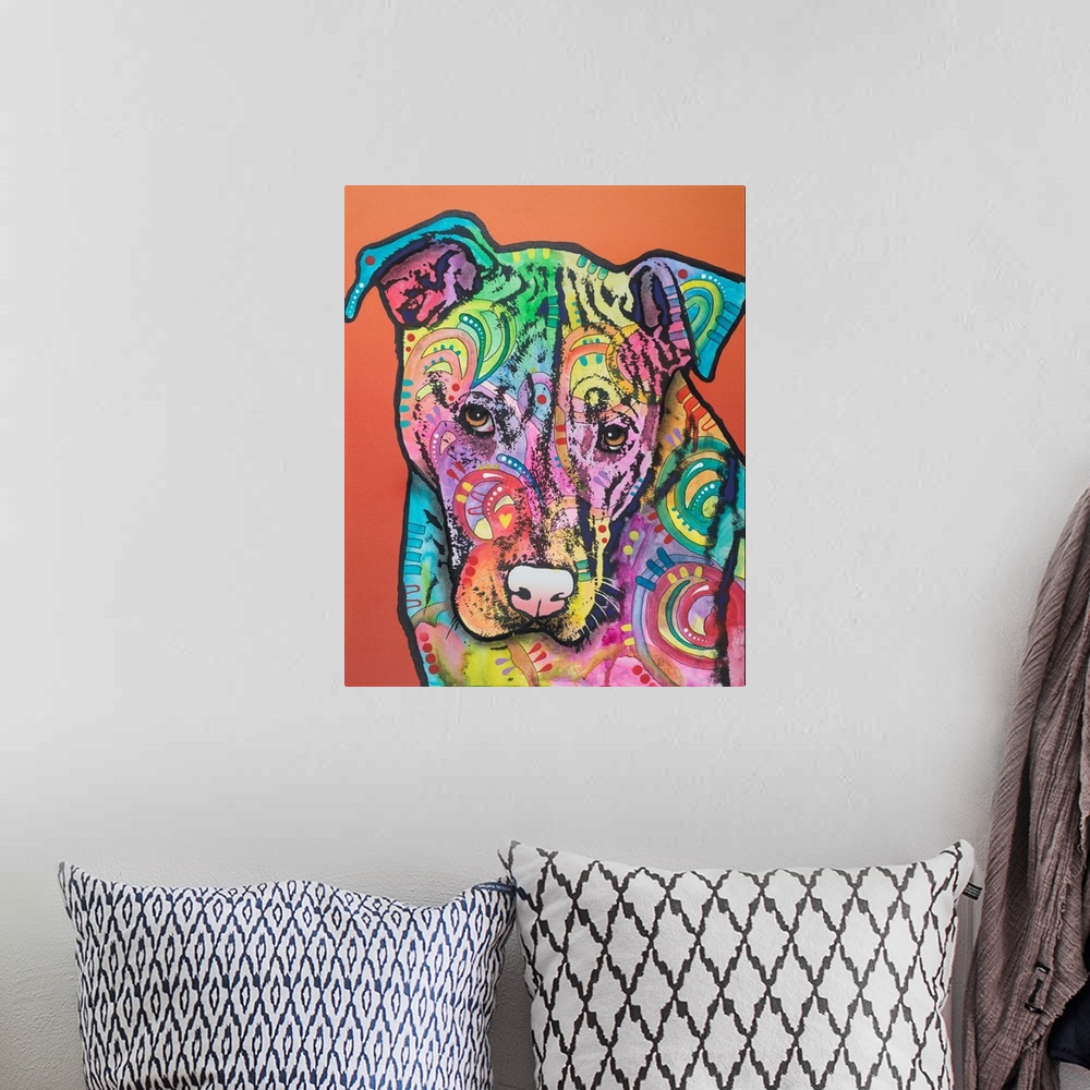 A bohemian room featuring Contemporary painting of an apologetic dog made with different colors and abstract designs on a r...