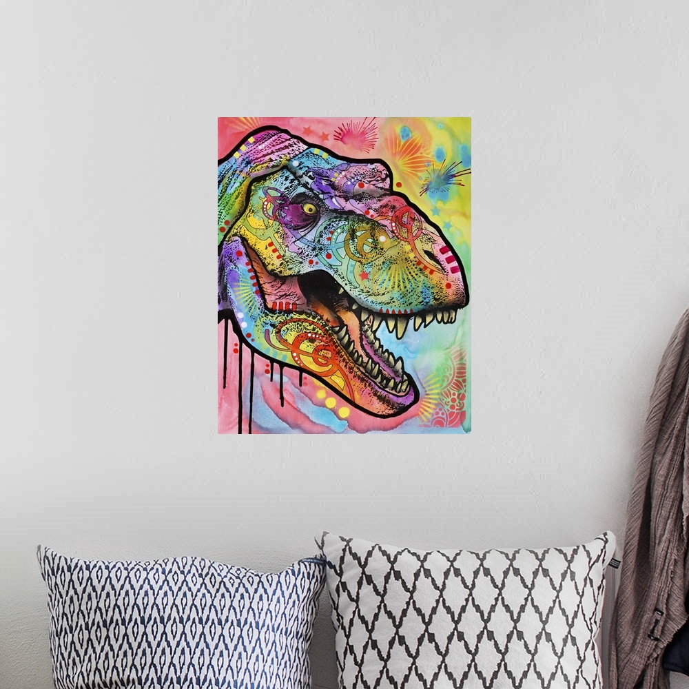 A bohemian room featuring Contemporary painting of a T-Rex head covered in colorful abstract designs.