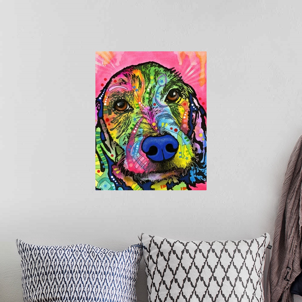 A bohemian room featuring Pop art style painting of a colorful Cocker Spaniel with abstract designs on a pink background wi...