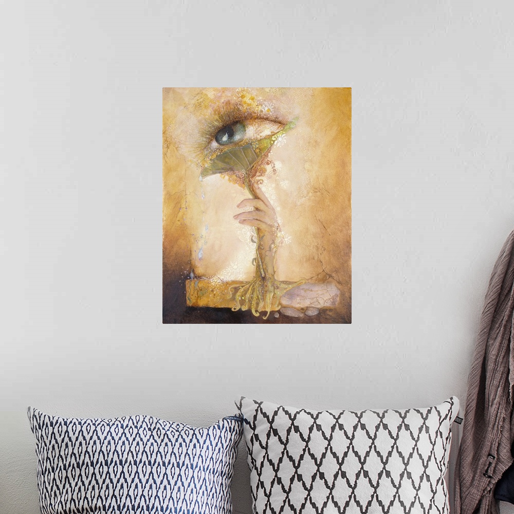 A bohemian room featuring A contemporary painting of a mystical looking image with a hand reaching up to an ethereal eye.