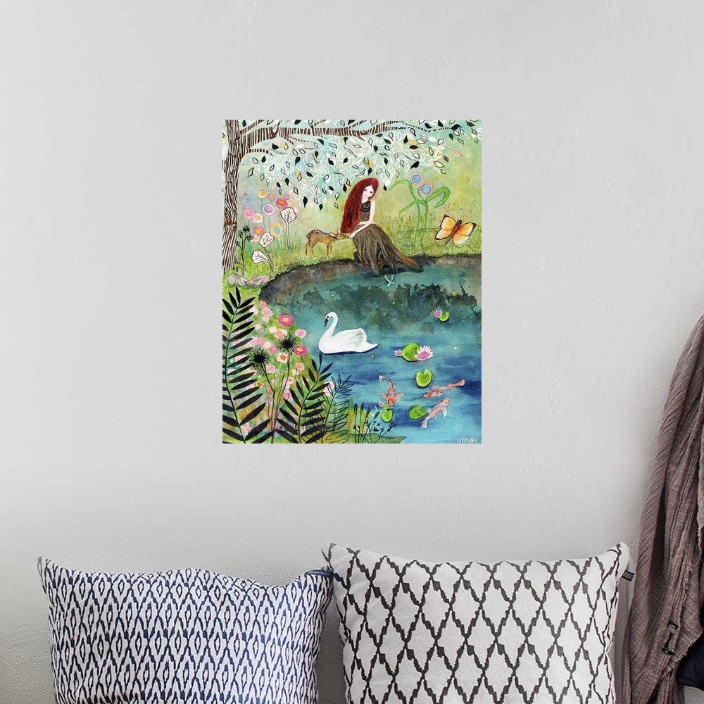 A bohemian room featuring A woman sitting beside a pond with a small deer under a tree.