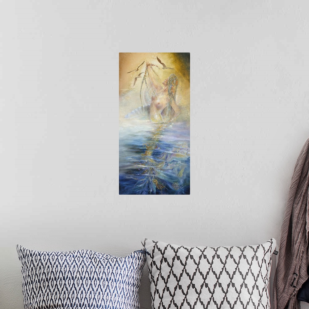 A bohemian room featuring A contemporary painting of a Mermaid breaching the surface of the water she resides in.