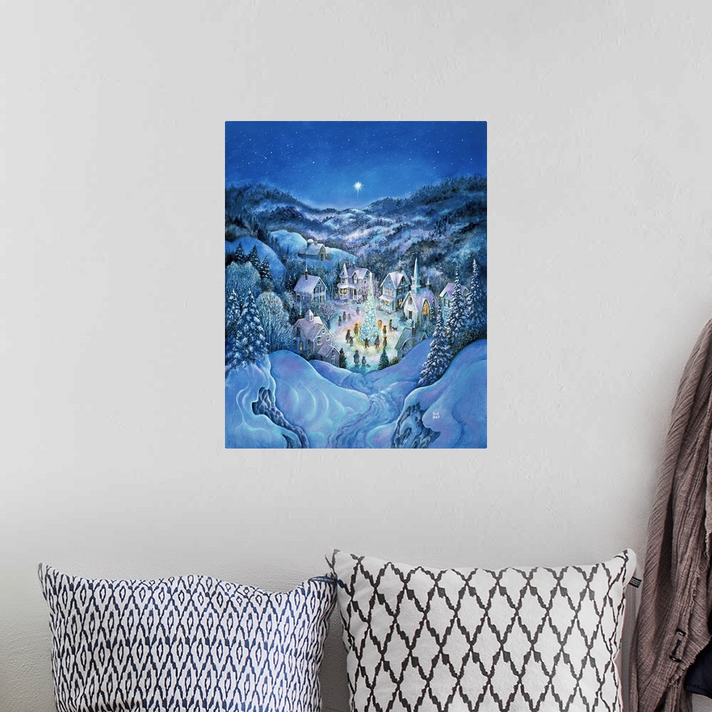 A bohemian room featuring A village nestled in the valley in a winter scene.