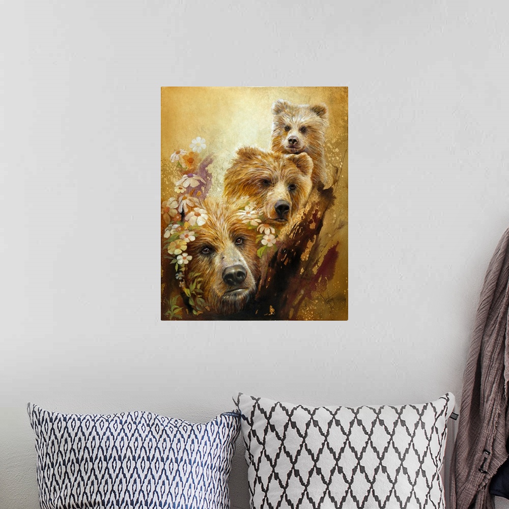 A bohemian room featuring Contemporary painting of a montage of bears and wildflowers.
