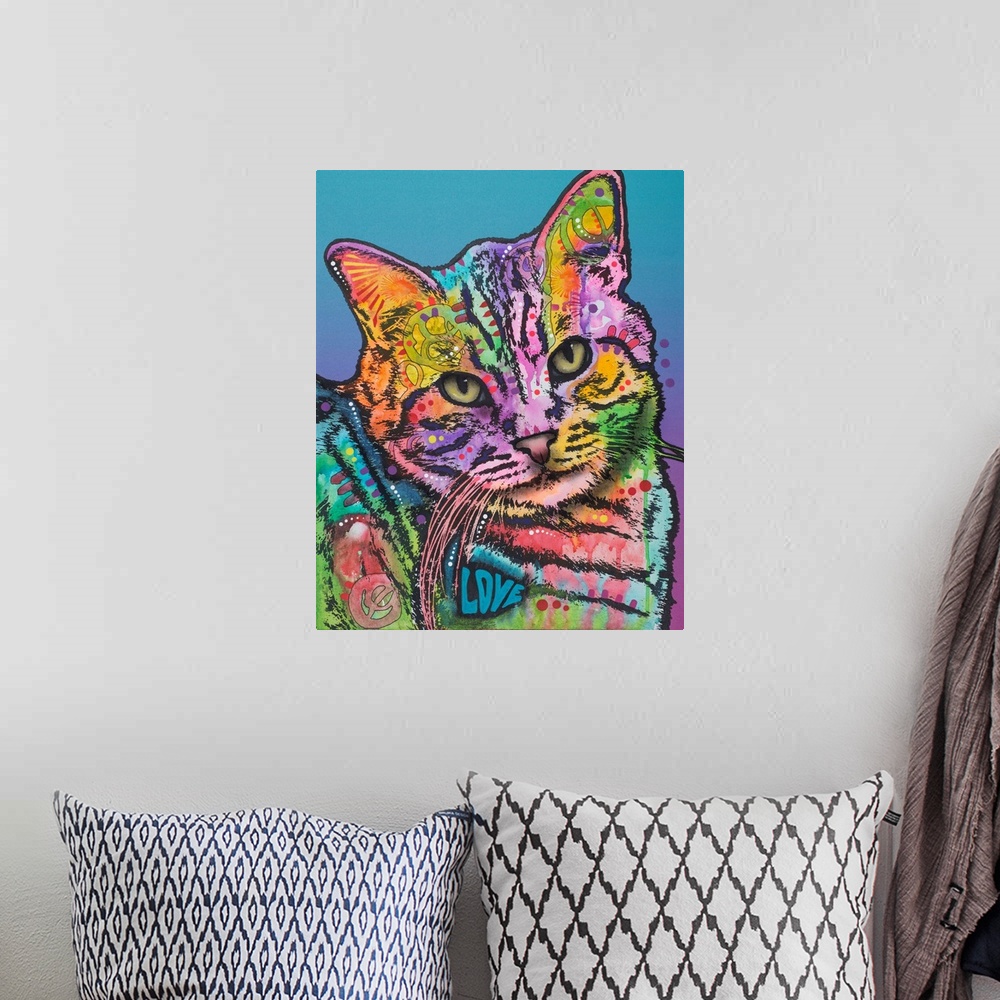 A bohemian room featuring Colorful illustration of a cat with abstract designs all over on a blue to purple gradient backgr...