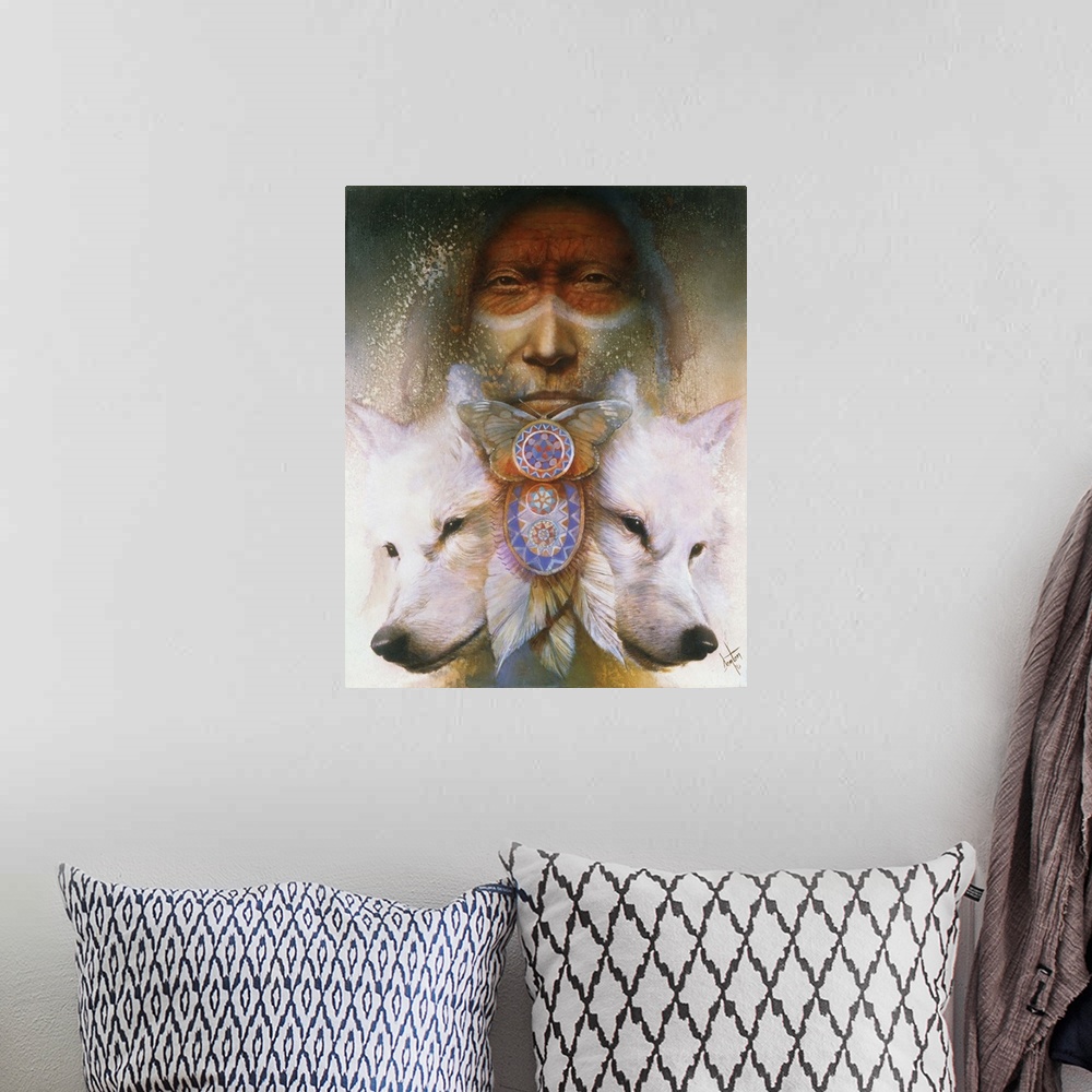A bohemian room featuring A contemporary painting of a Native American man staring straight on with two white wolf heads at...