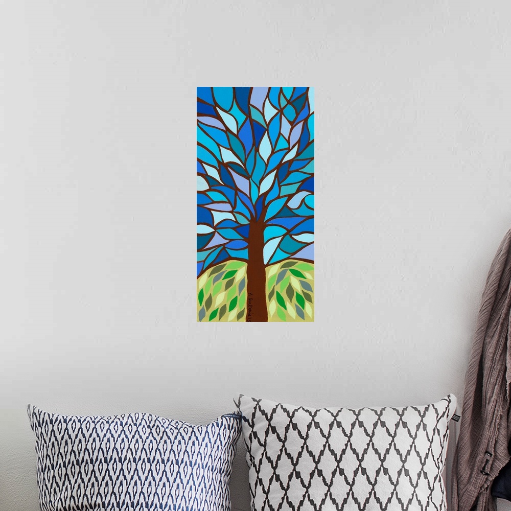 A bohemian room featuring Contemporary painting of a tree with branches breaking up the sky into a mosaic-like pattern.
