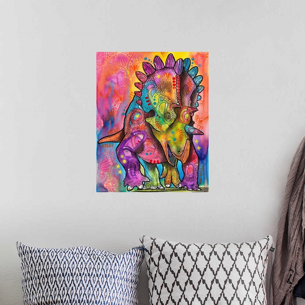 A bohemian room featuring Pop art style painting with a colorful Triceratops with abstract markings all over.