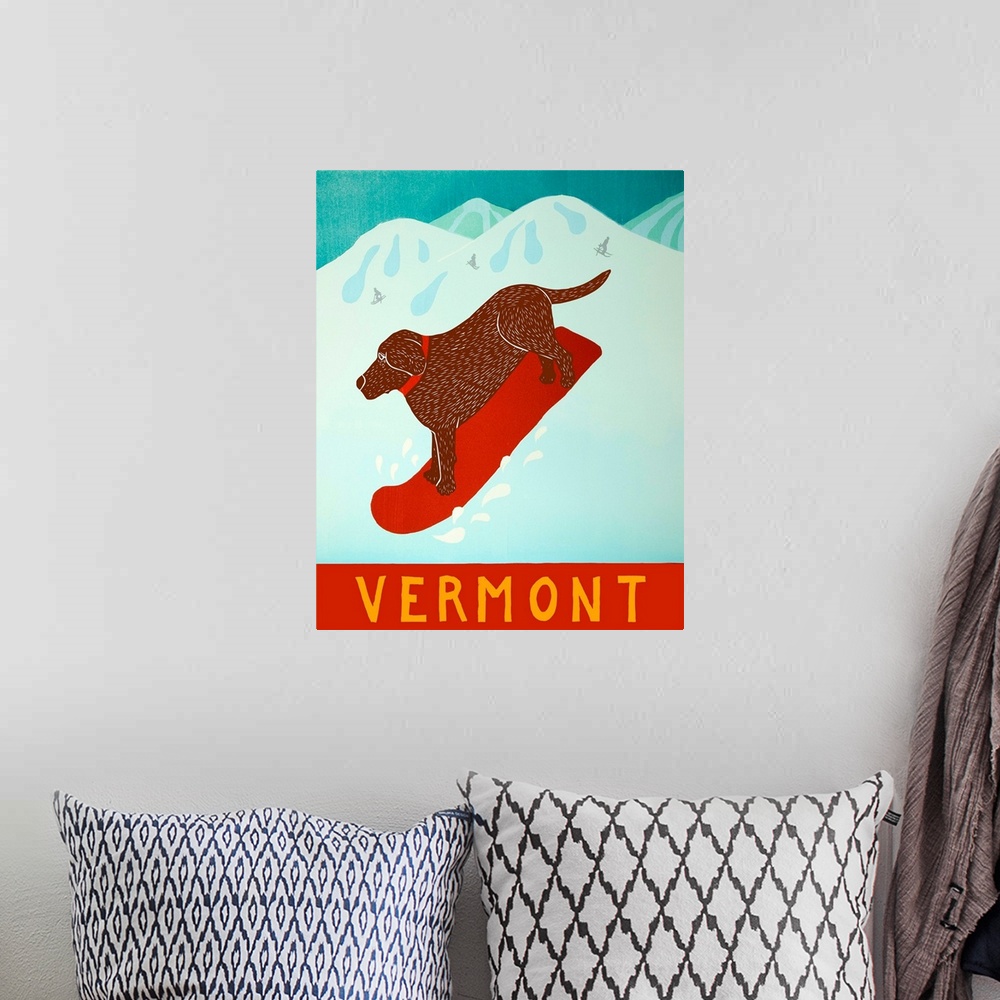 A bohemian room featuring Illustration of a chocolate lab going down the slopes in Vermont on a red snowboard.