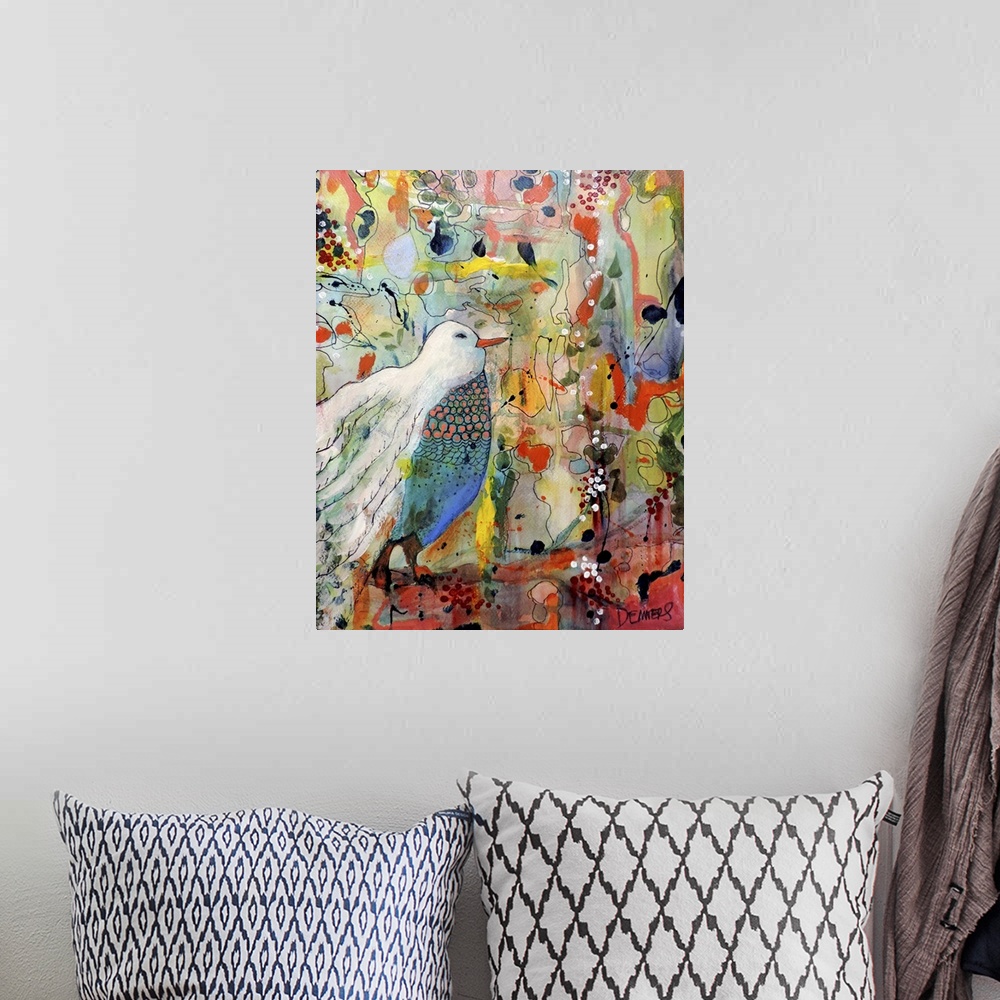 A bohemian room featuring Colorful contemporary watercolor painting of a bird perched on a branch against a colorful backgr...