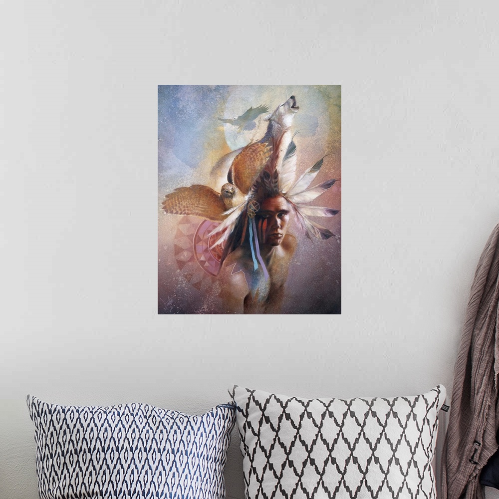 A bohemian room featuring A contemporary painting of a young Native American man wearing feathers in his hair and the image...