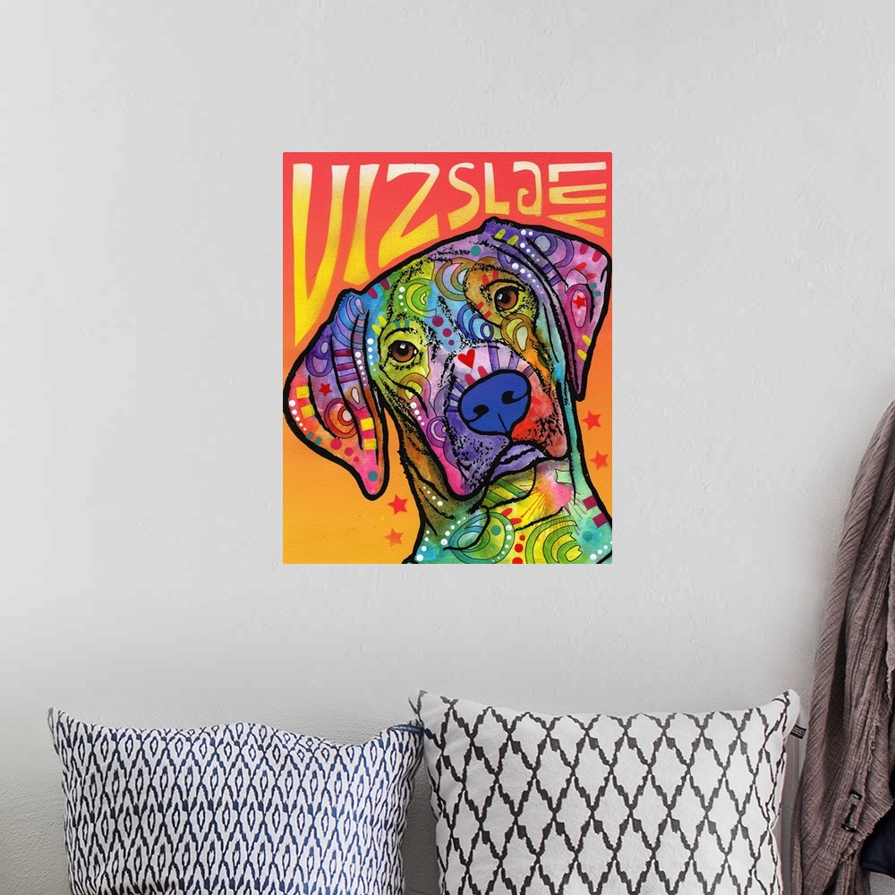 A bohemian room featuring "Vizsla Luv" written around a colorful painting of a Vizsla with abstract markings.