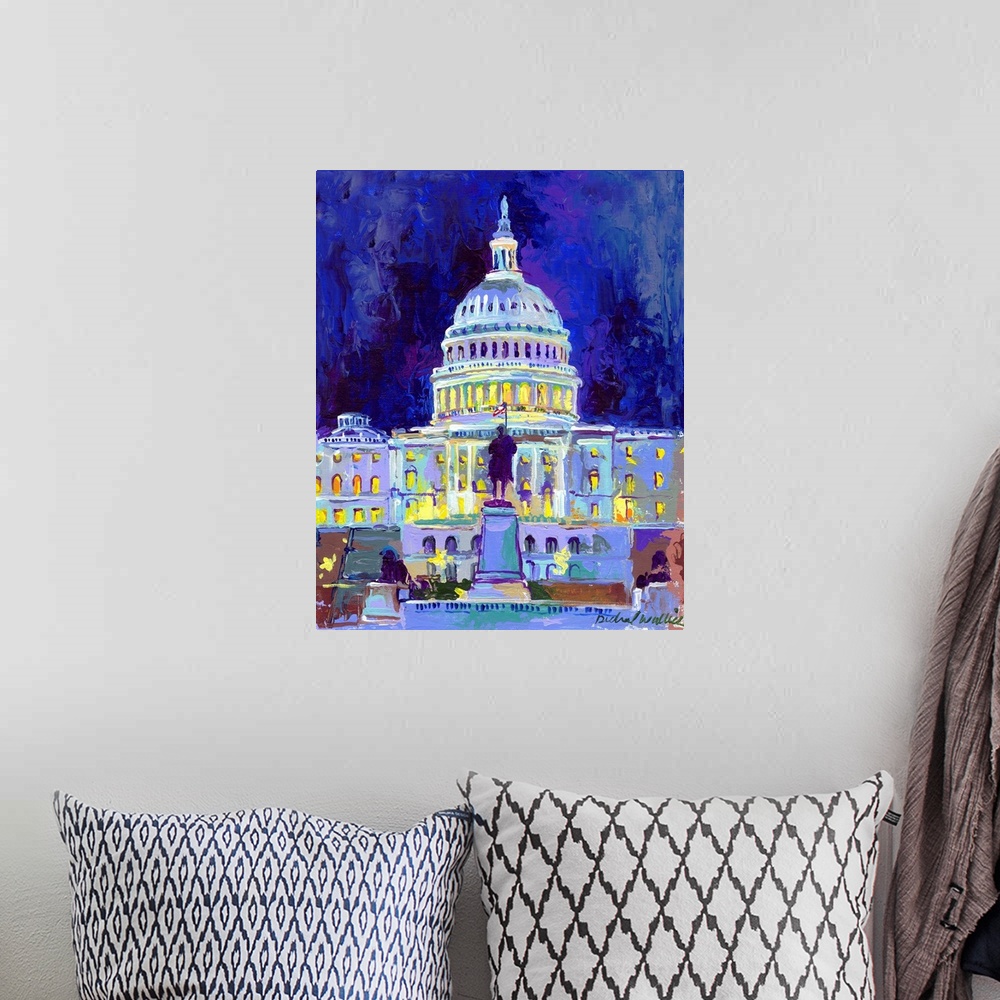 A bohemian room featuring Painting of the nations capitol building lit up at night.