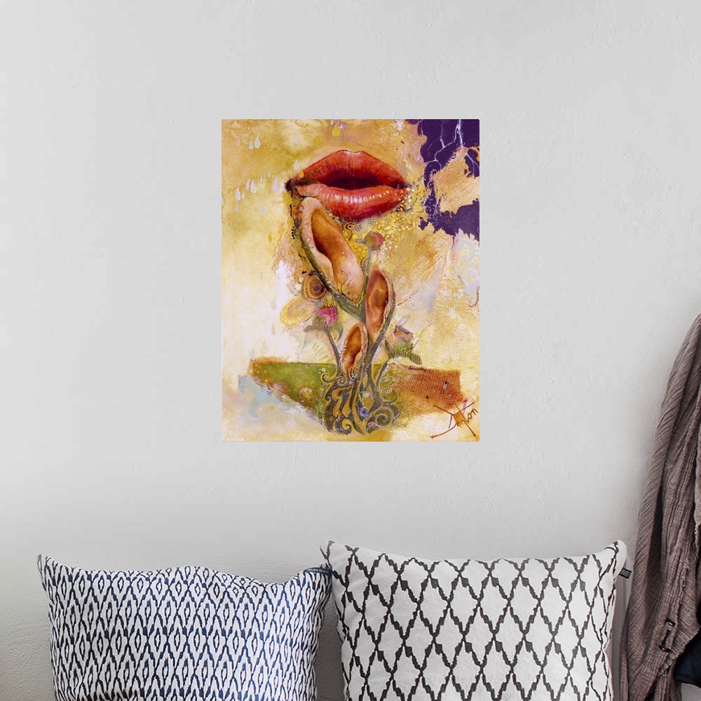 A bohemian room featuring A contemporary painting of a set of red lips seen with ears on green stems against a golden textu...