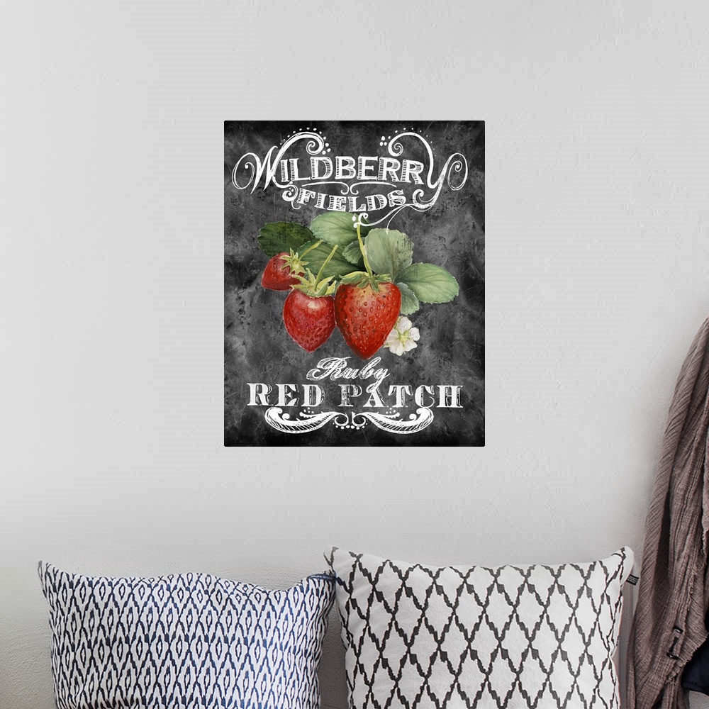 A bohemian room featuring Chalkboard-style sign for fresh strawberries from the Farmer's Market.