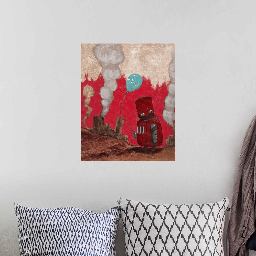 A bohemian room featuring Illustration of a red robot standing among rubble, holding a blue balloon.