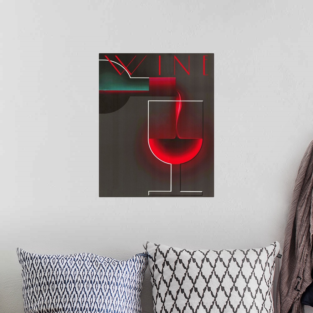 A bohemian room featuring Vintage poster advertisement for Wine Deco