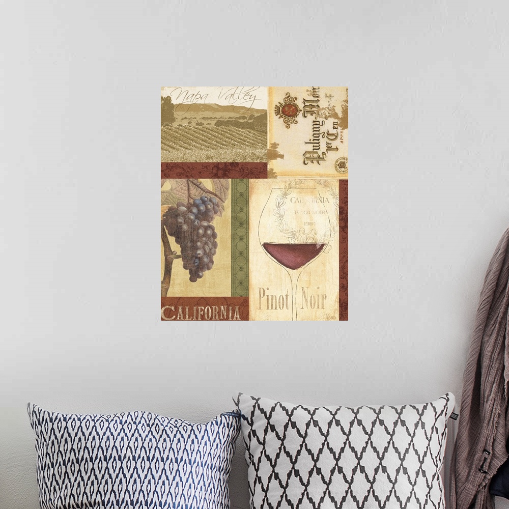 A bohemian room featuring Napa Valley, California, pinot noir, chardonnay, France, grapes, red , white wine,  glass,  label