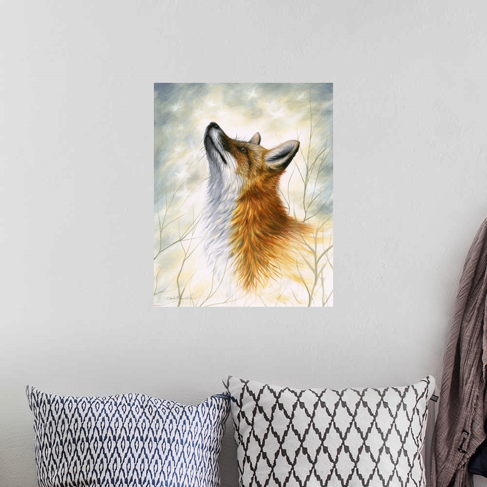 A bohemian room featuring Contemporary painting of a fox looking up with branches surrounding him.