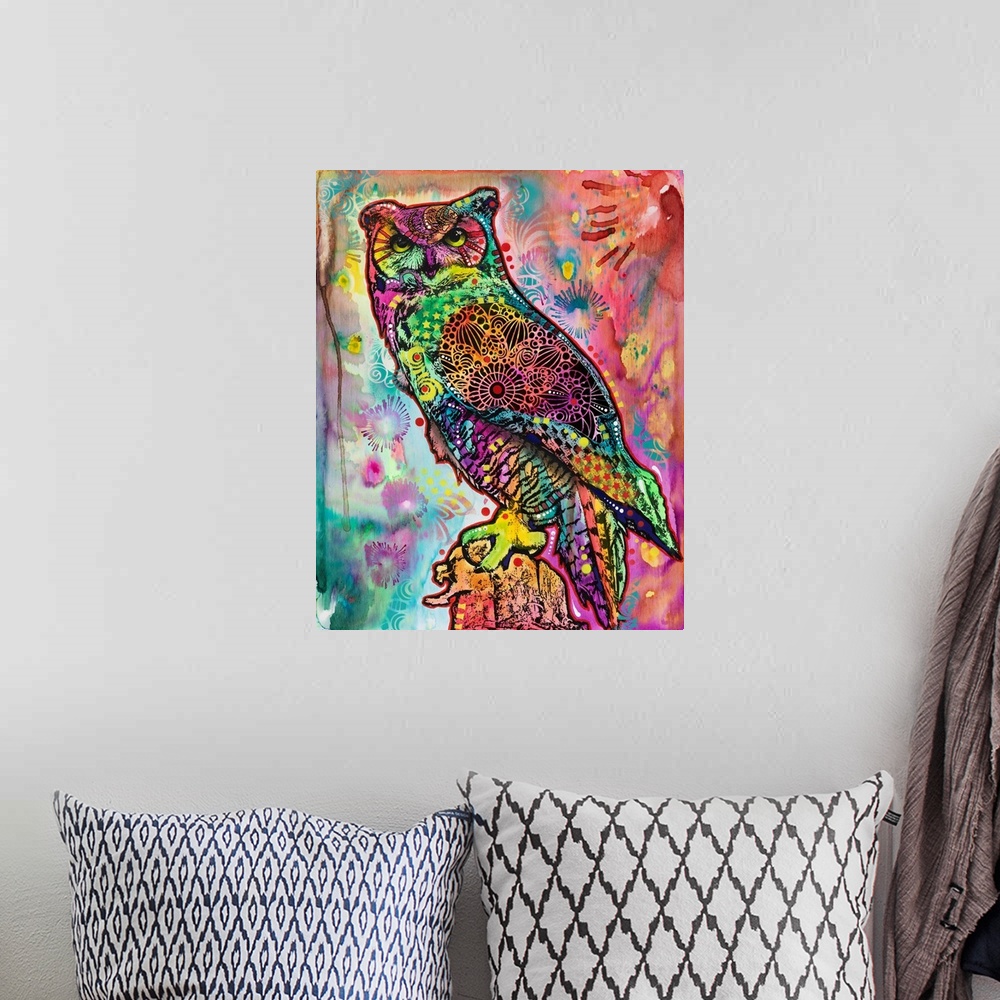 A bohemian room featuring Colorful illustration of an owl surrounded by abstract designs.