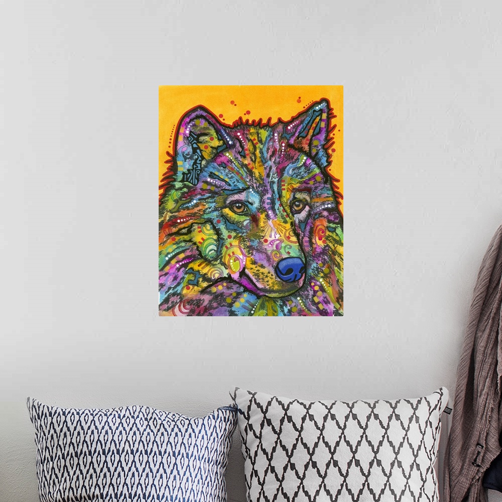 A bohemian room featuring Colorful painting of a wolf with abstract designs on a yellow background with small red dots.