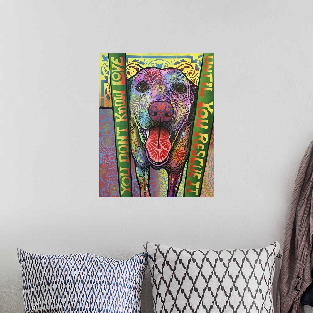 A bohemian room featuring Dog artwork in a graffiti style with text on both sides that reads "You Don't Know Love Until You...