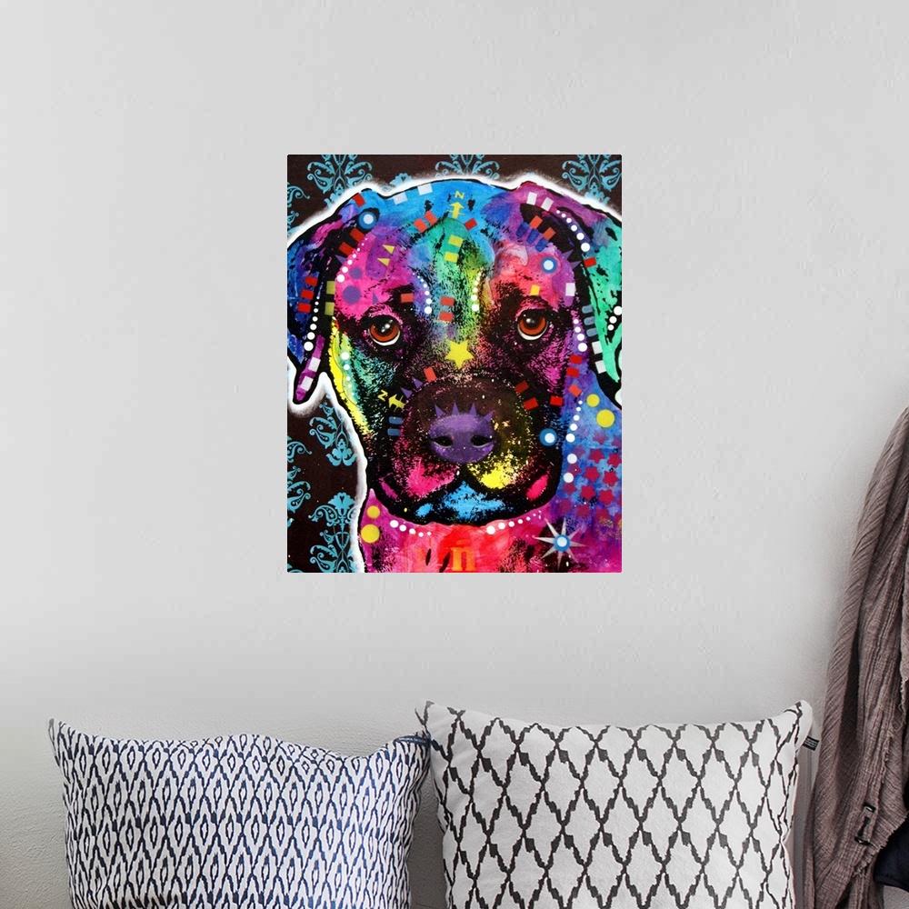 A bohemian room featuring Contemporary stencil painting of a bullmastiff filled with various colors and patterns.