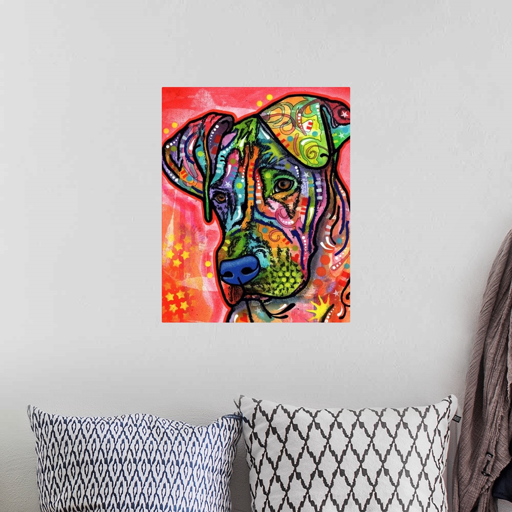 A bohemian room featuring Contemporary art with a colorful dog covered in unique designs.