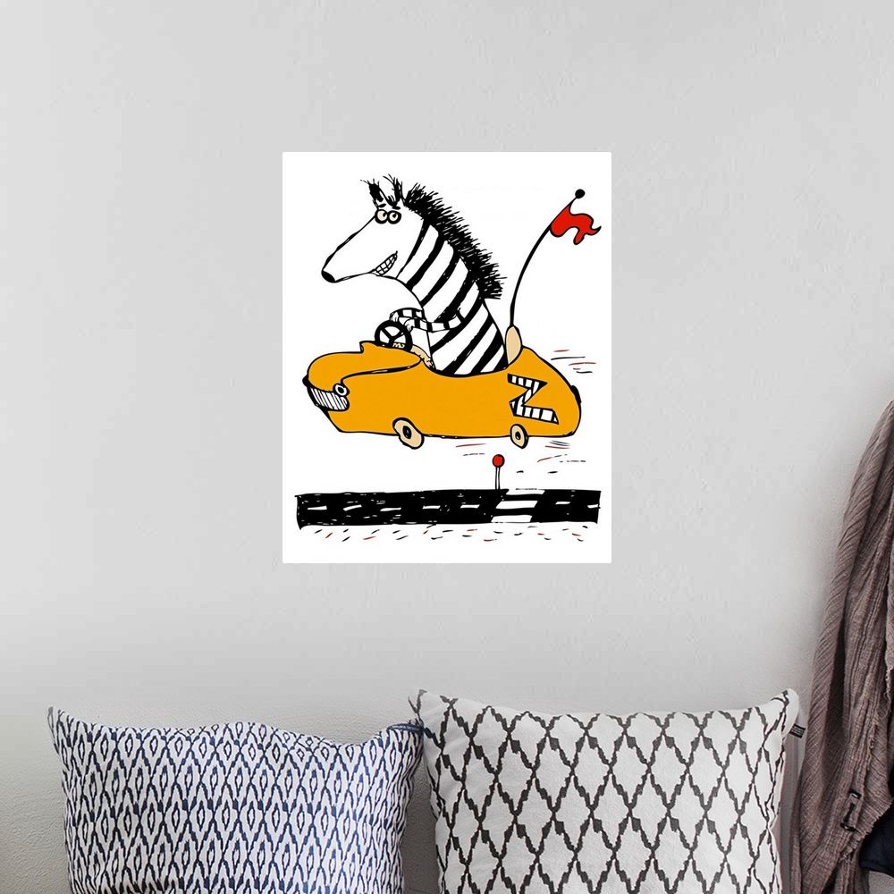 A bohemian room featuring zebra, car, race, red flag,