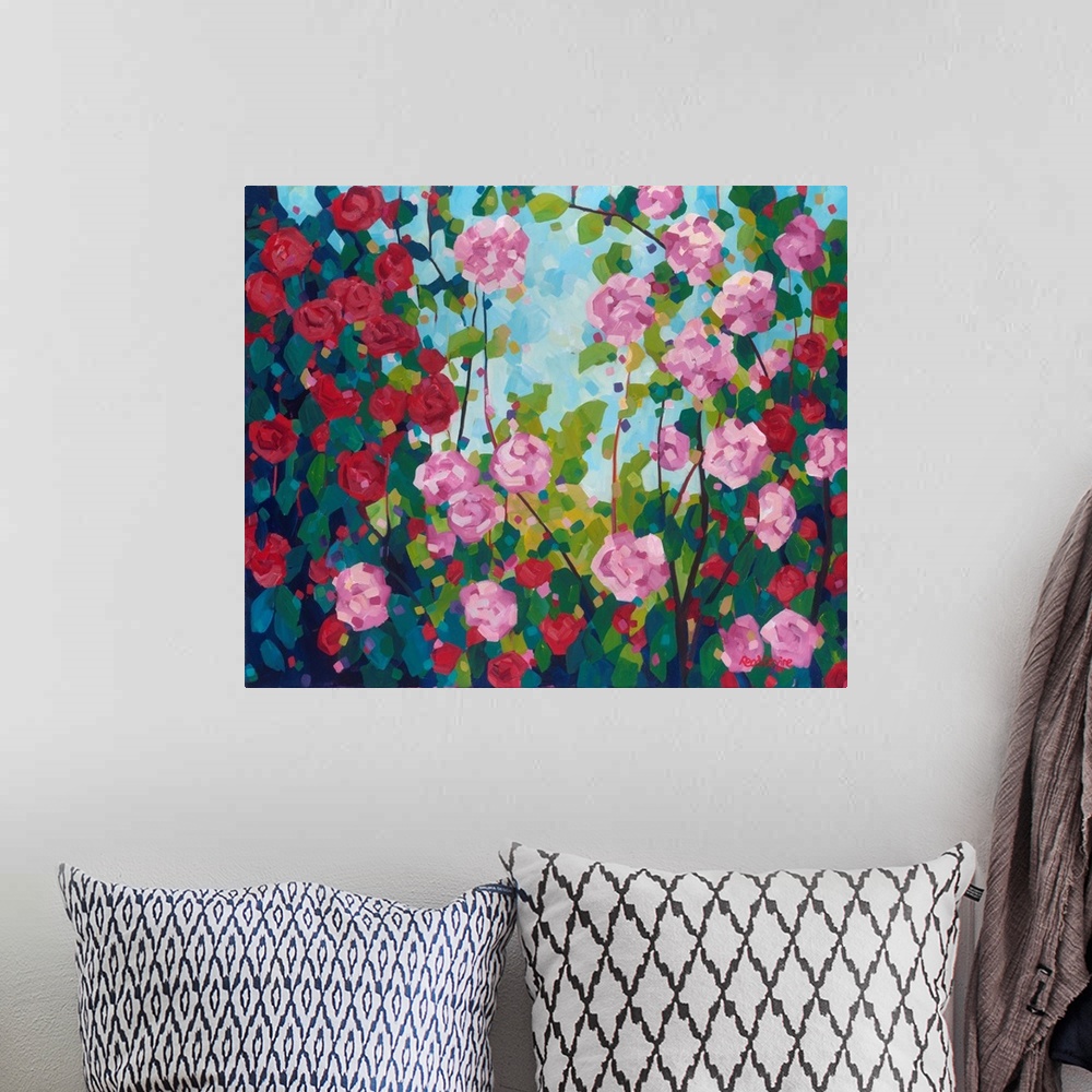A bohemian room featuring Pink and red camellias in the garden, with square strokes of paint floating in the blue sky.