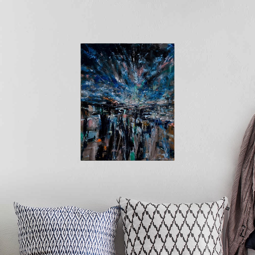 A bohemian room featuring An abstract painting of an emotive landscape capturing the last light; as one ponders way into th...