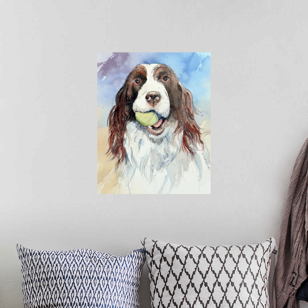 A bohemian room featuring Watercolor painting of a spaniel with a tennis ball in its mouth on a colorful background.