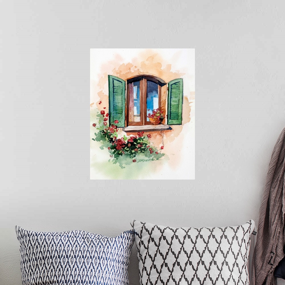 A bohemian room featuring Watercolor painting of a window with green shutters and flowers all around it in Tuscany, Italy.