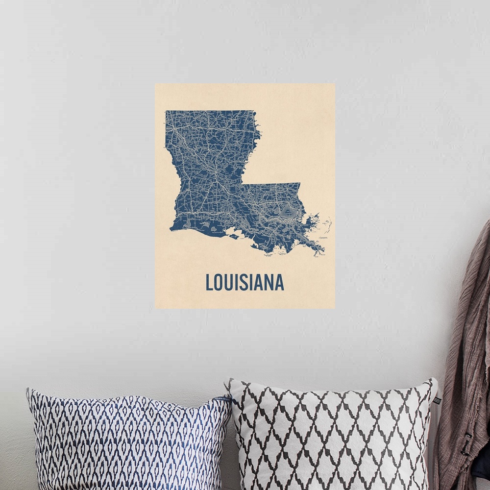 A bohemian room featuring Vintage Louisiana Road Map 1