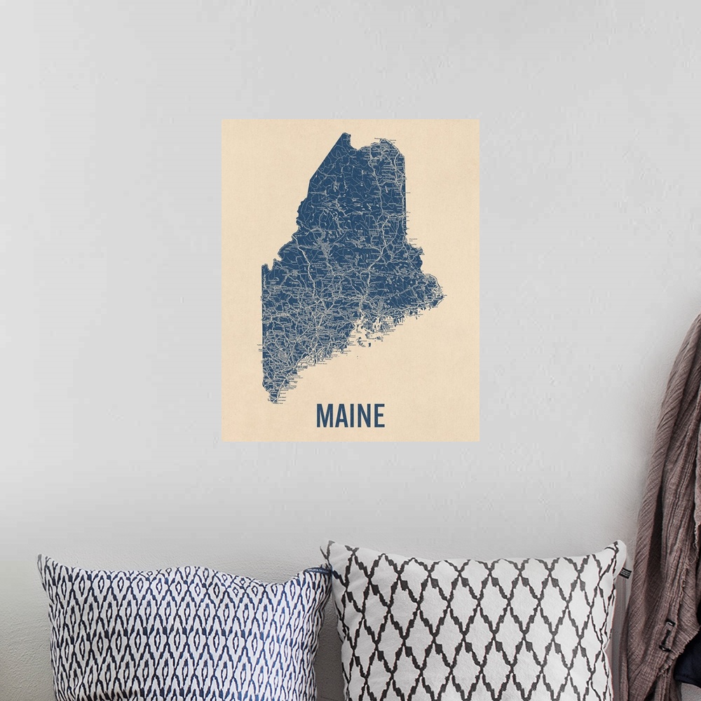 A bohemian room featuring Vintage Maine Road Map 1