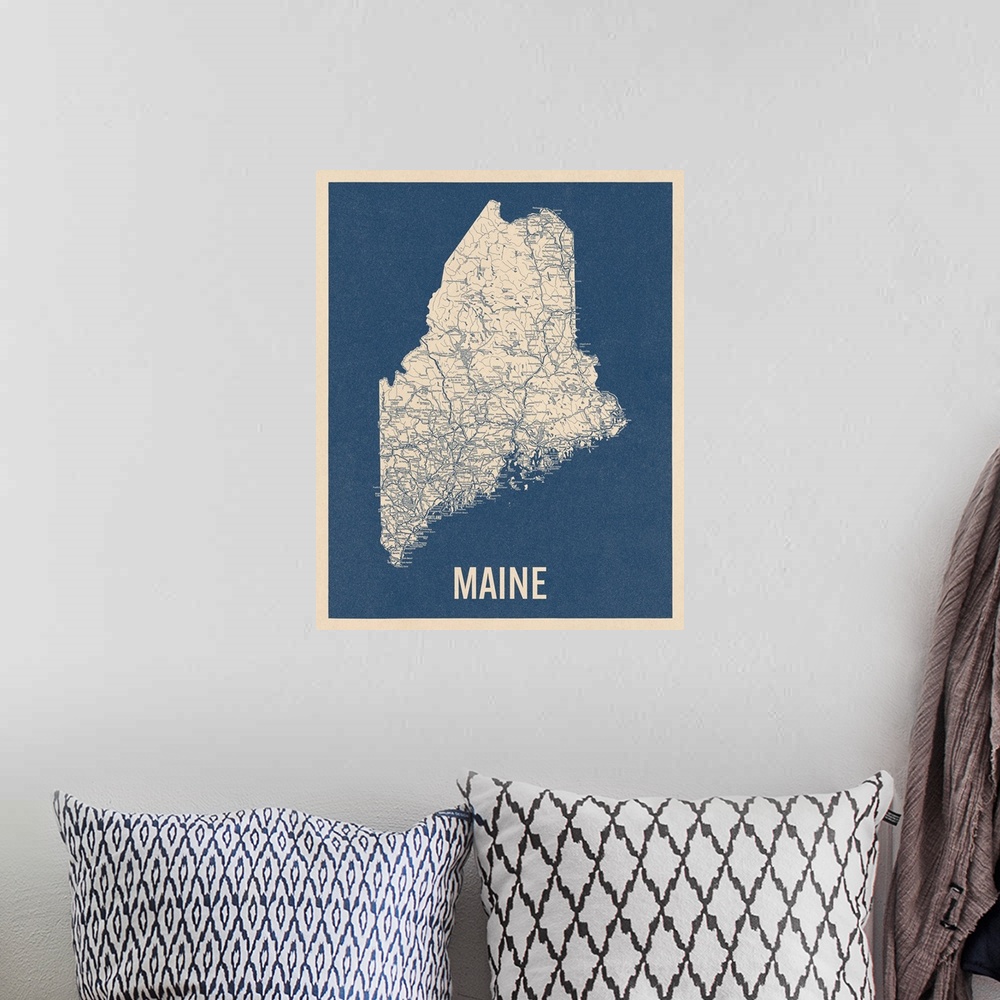 A bohemian room featuring Vintage Maine Road Map 2