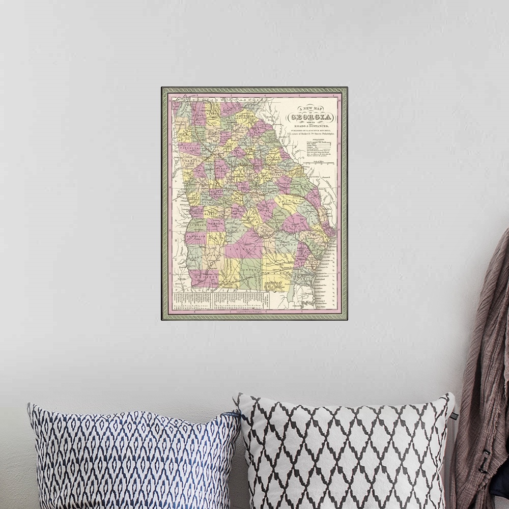 A bohemian room featuring Vintage Map of Georgia with its Roads and Distances