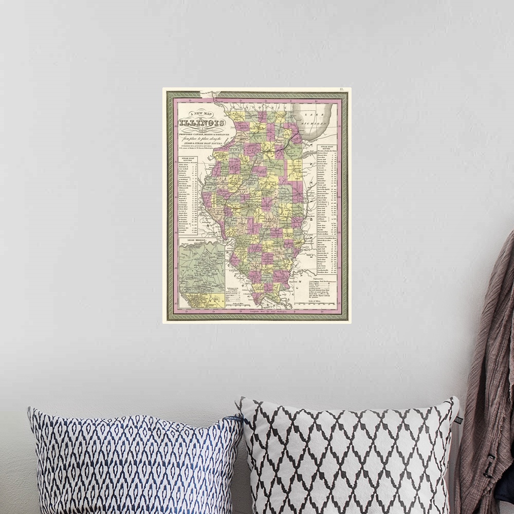 A bohemian room featuring Vintage Map of Illinois, with its Proposed Canals, Roads and Distances