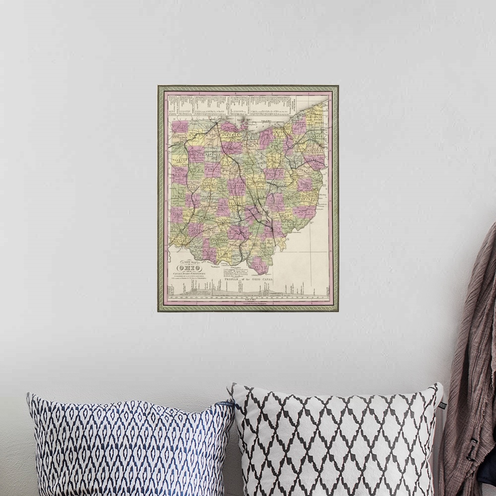A bohemian room featuring Vintage Map of Ohio with its Canals, Roads, and Distances