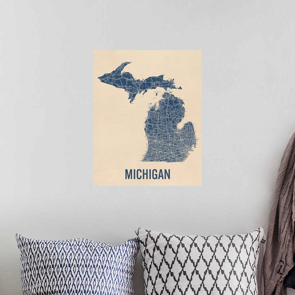 A bohemian room featuring Vintage Michigan Road Map 1
