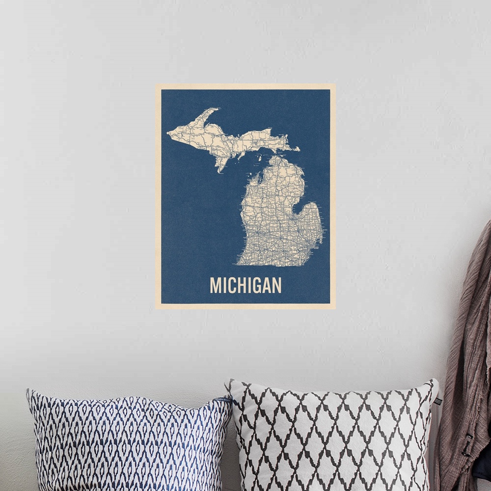 A bohemian room featuring Vintage Michigan Road Map 2