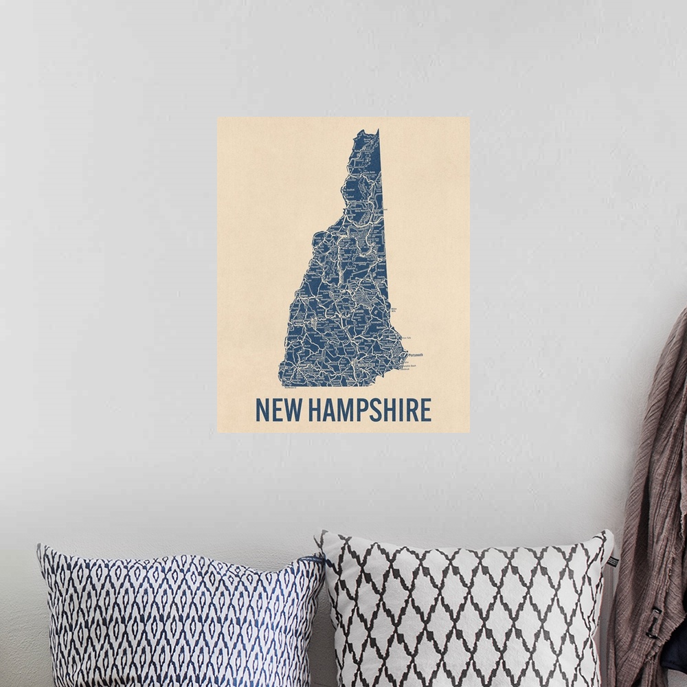 A bohemian room featuring Vintage New Hampshire Road Map 1