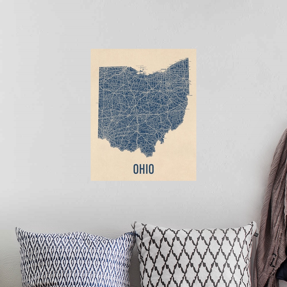 A bohemian room featuring Vintage Ohio Road Map 1
