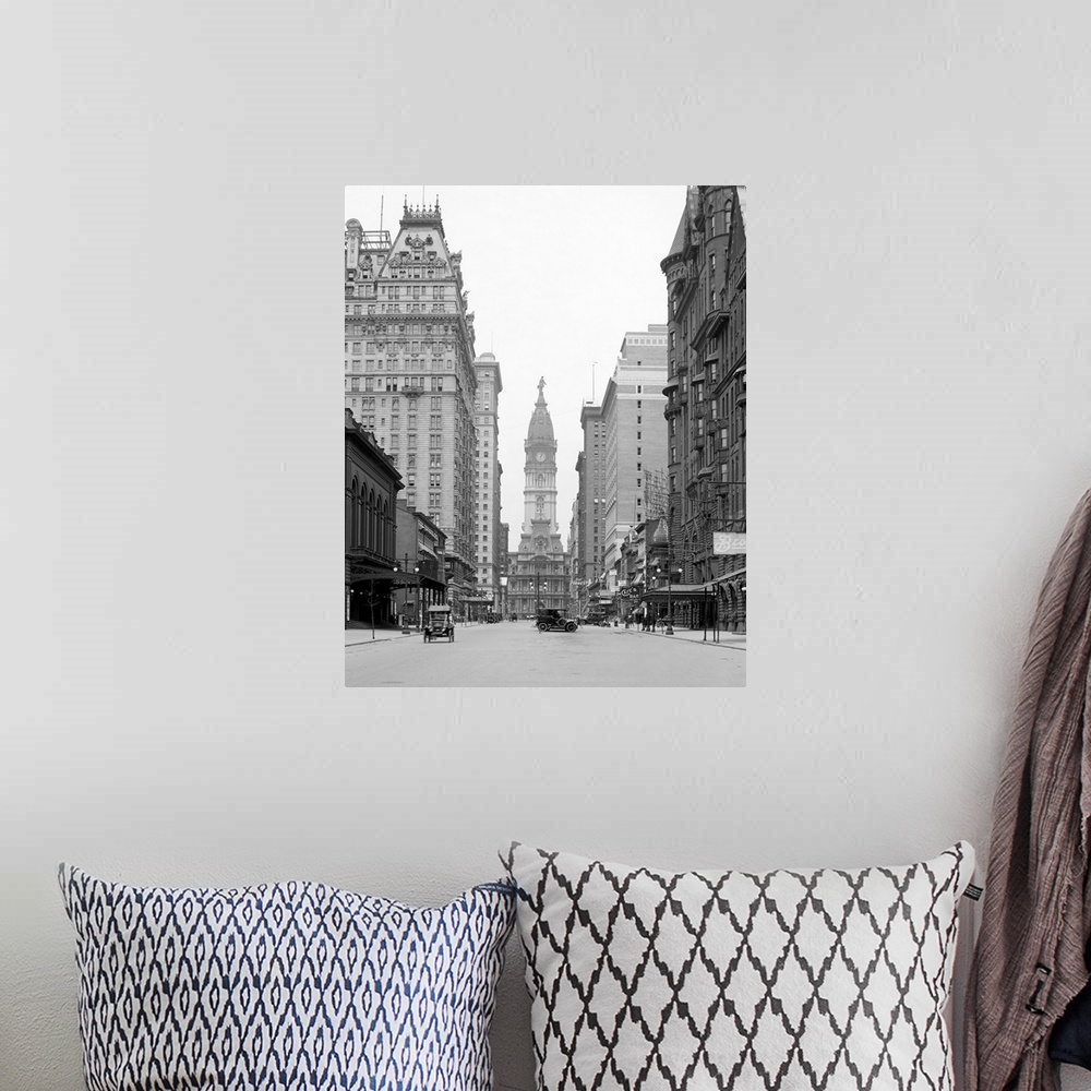 A bohemian room featuring This is a vintage photograph in black and white of downtown Philadelphia. Tall buildings line the...