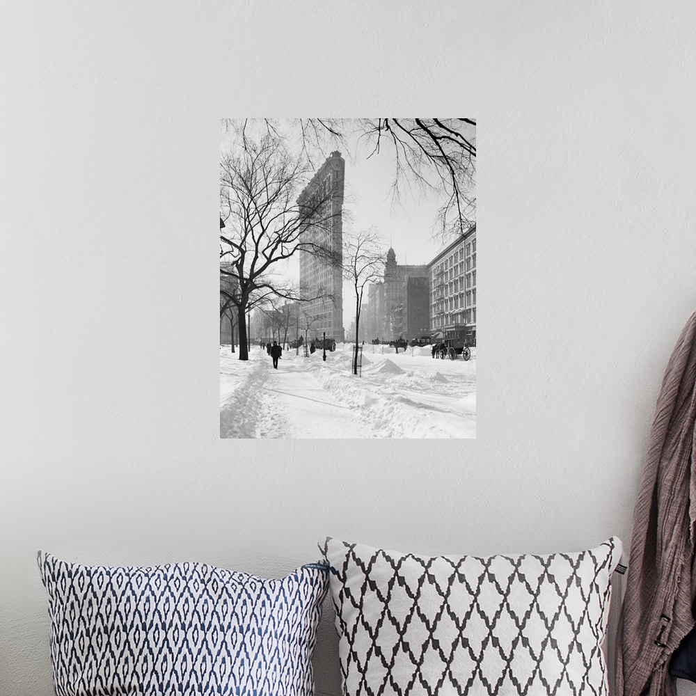 A bohemian room featuring Vintage photograph of Flatiron Building in Snow, New York City