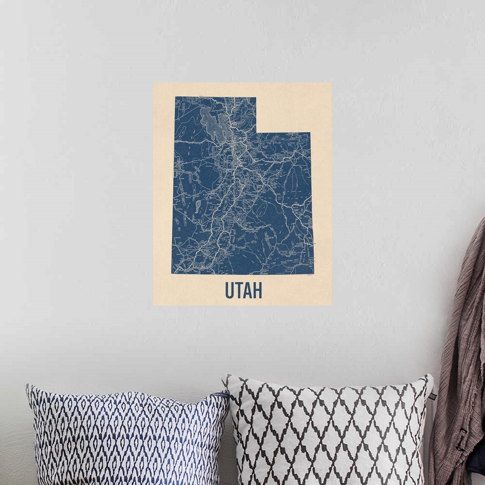 A bohemian room featuring Vintage Utah Road Map 1