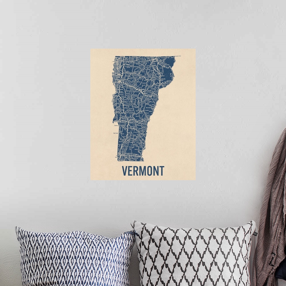 A bohemian room featuring Vintage Vermont Road Map 1