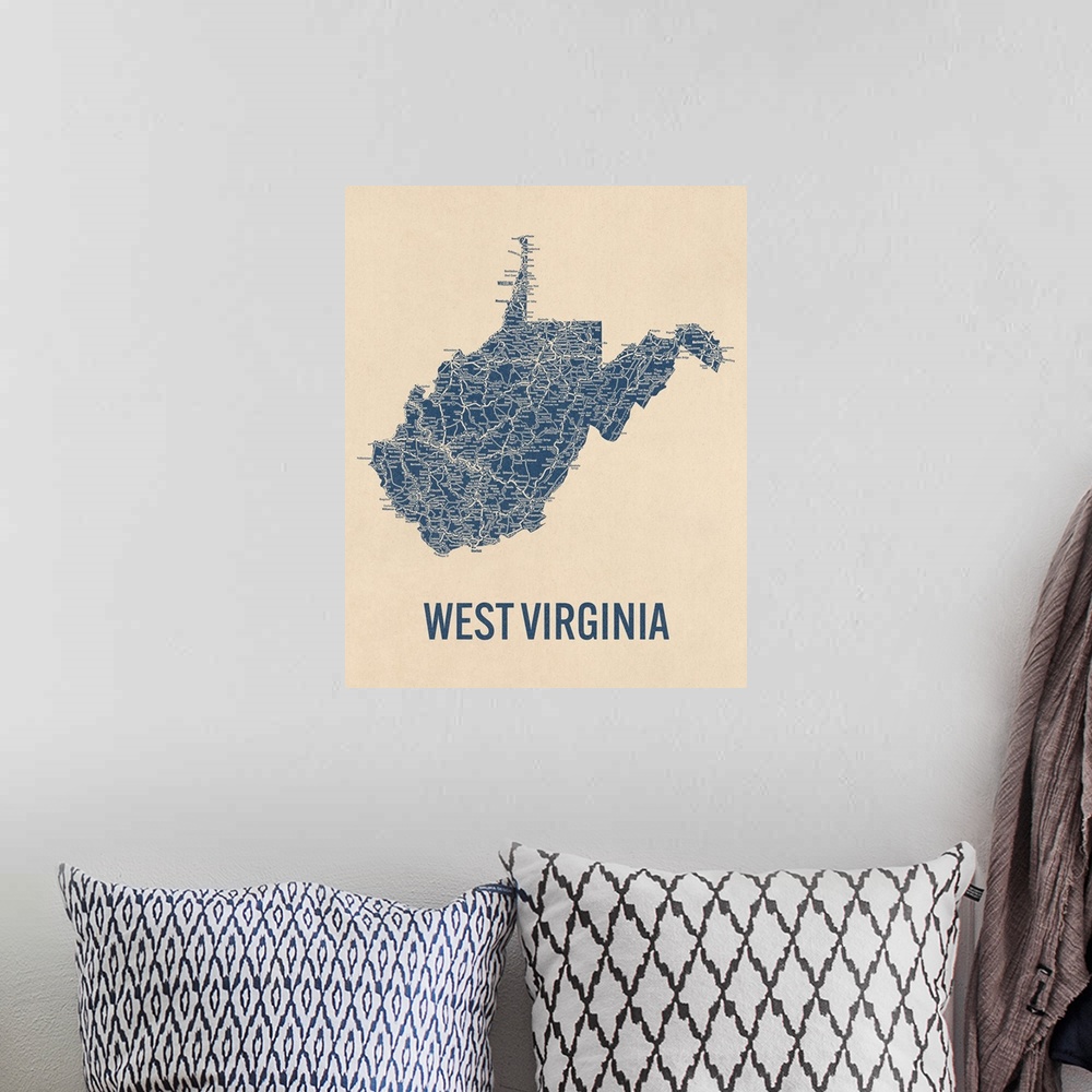 A bohemian room featuring Vintage West Virginia Road Map 1