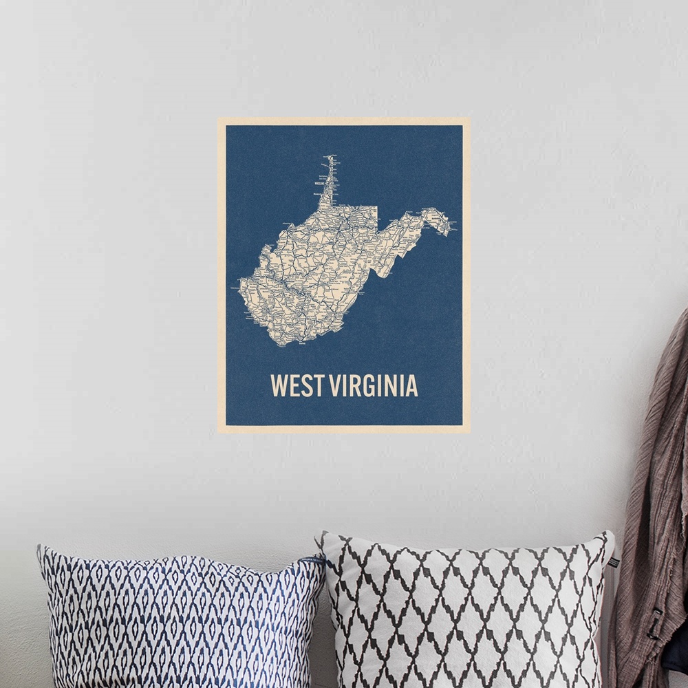 A bohemian room featuring Vintage West Virginia Road Map 2